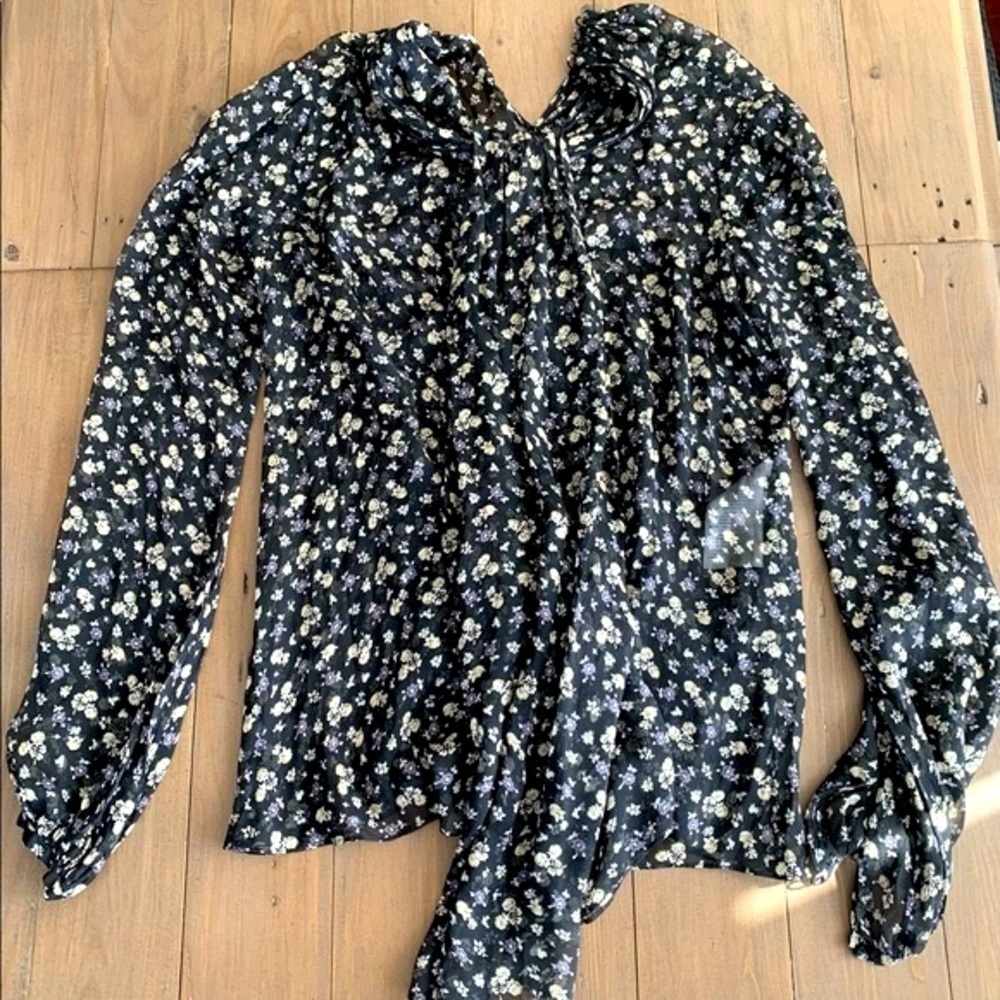 Alexander McQueen black floral purple chiffon silk blouse NWOT